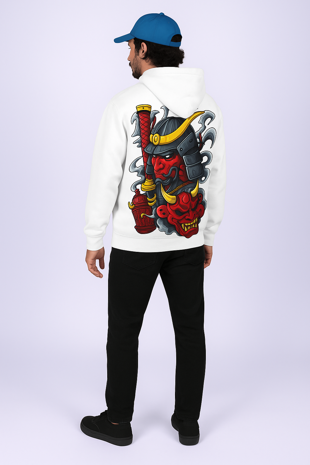 Samurai Warrior Oversized Hoodie with Bold Japanese Oni Mask Back Print – Artistic Streetwear