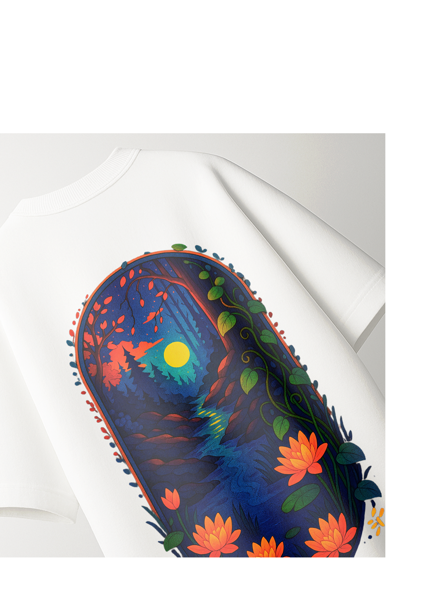 Oversized White T-Shirt with Vibrant Nature Sunset Graphic Tee