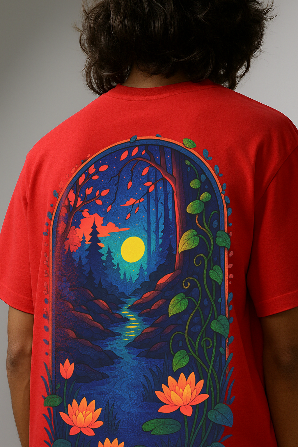 Oversized White T-Shirt with Vibrant Nature Sunset Graphic Tee
