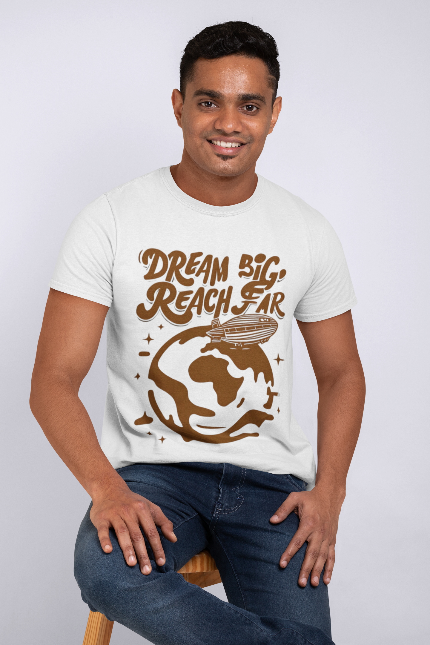 Oversized White T-Shirt with “Dream Big, Reach Far” Graphic – Motivational Streetwear Tee for Men