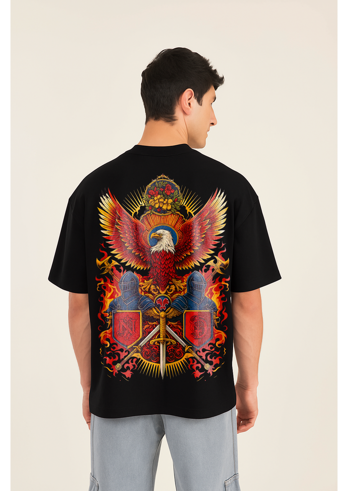 Oversized Black T-Shirt with Fierce Eagle & Knight Warrior Graphic – Bold Streetwear Tee for Men