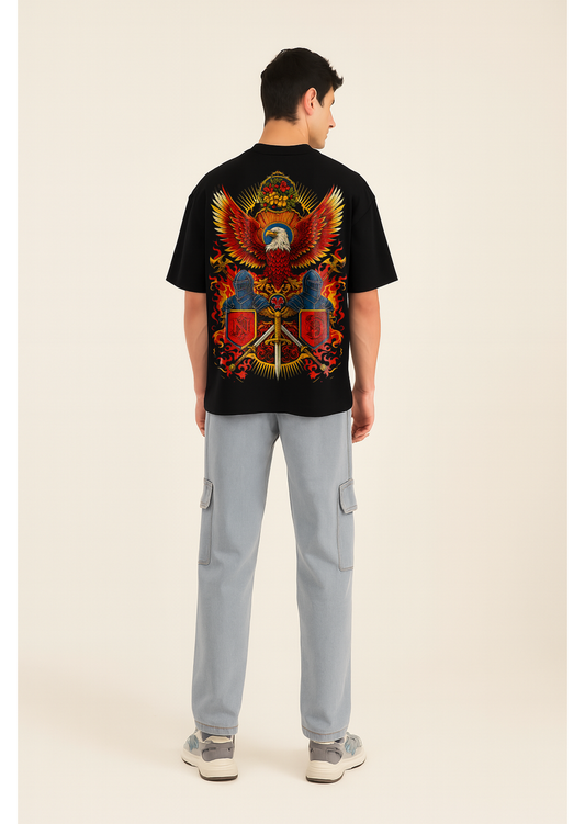 Oversized Black T-Shirt with Fierce Eagle & Knight Warrior Graphic