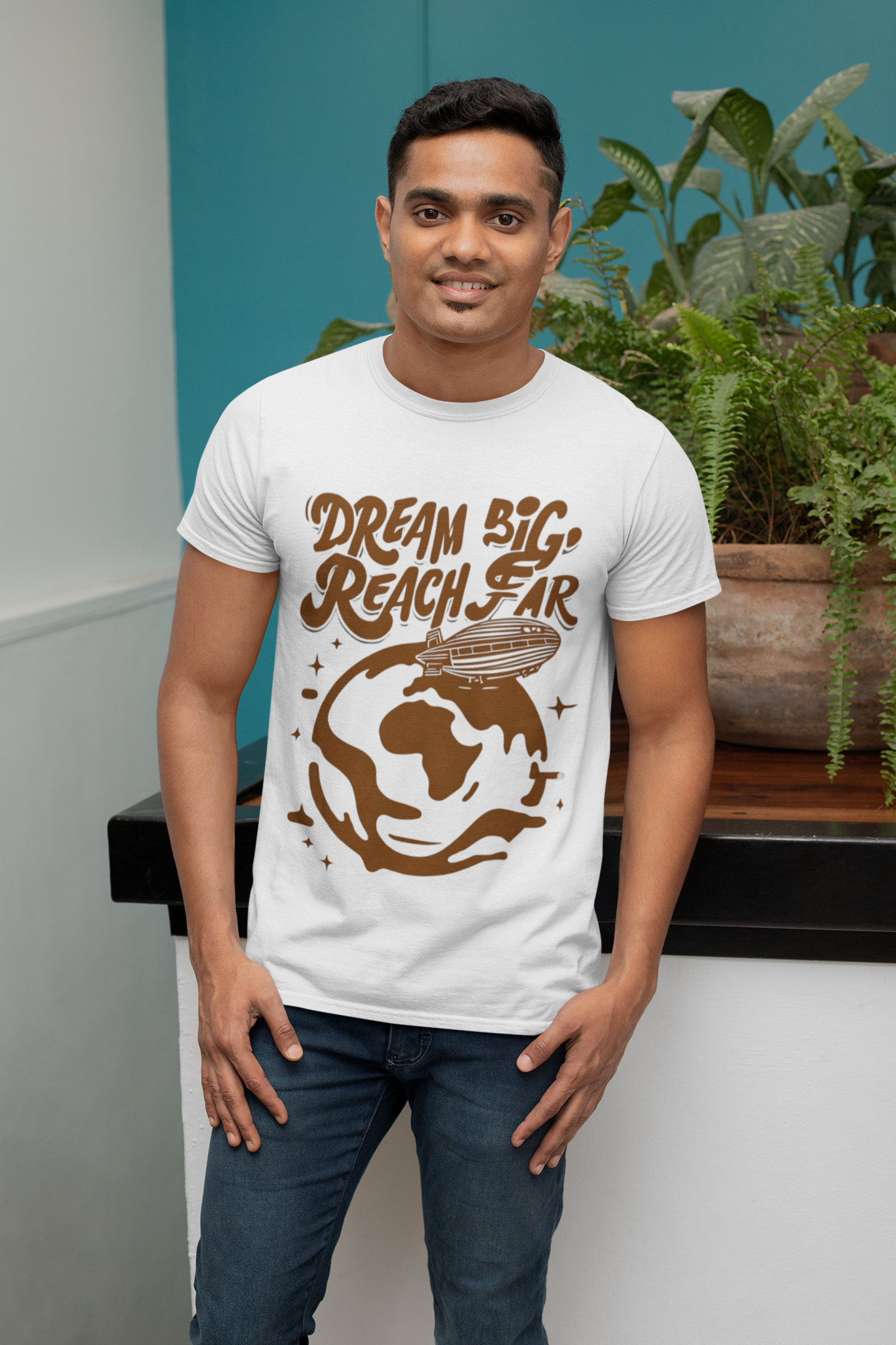 Oversized White T-Shirt with “Dream Big, Reach Far” Graphic – Motivational Streetwear Tee for Men