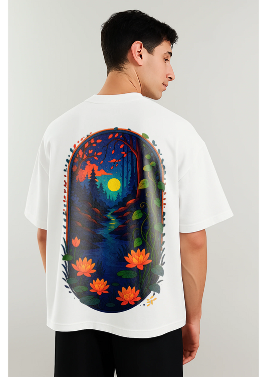Oversized White T-Shirt with Vibrant Nature Sunset Graphic Tee