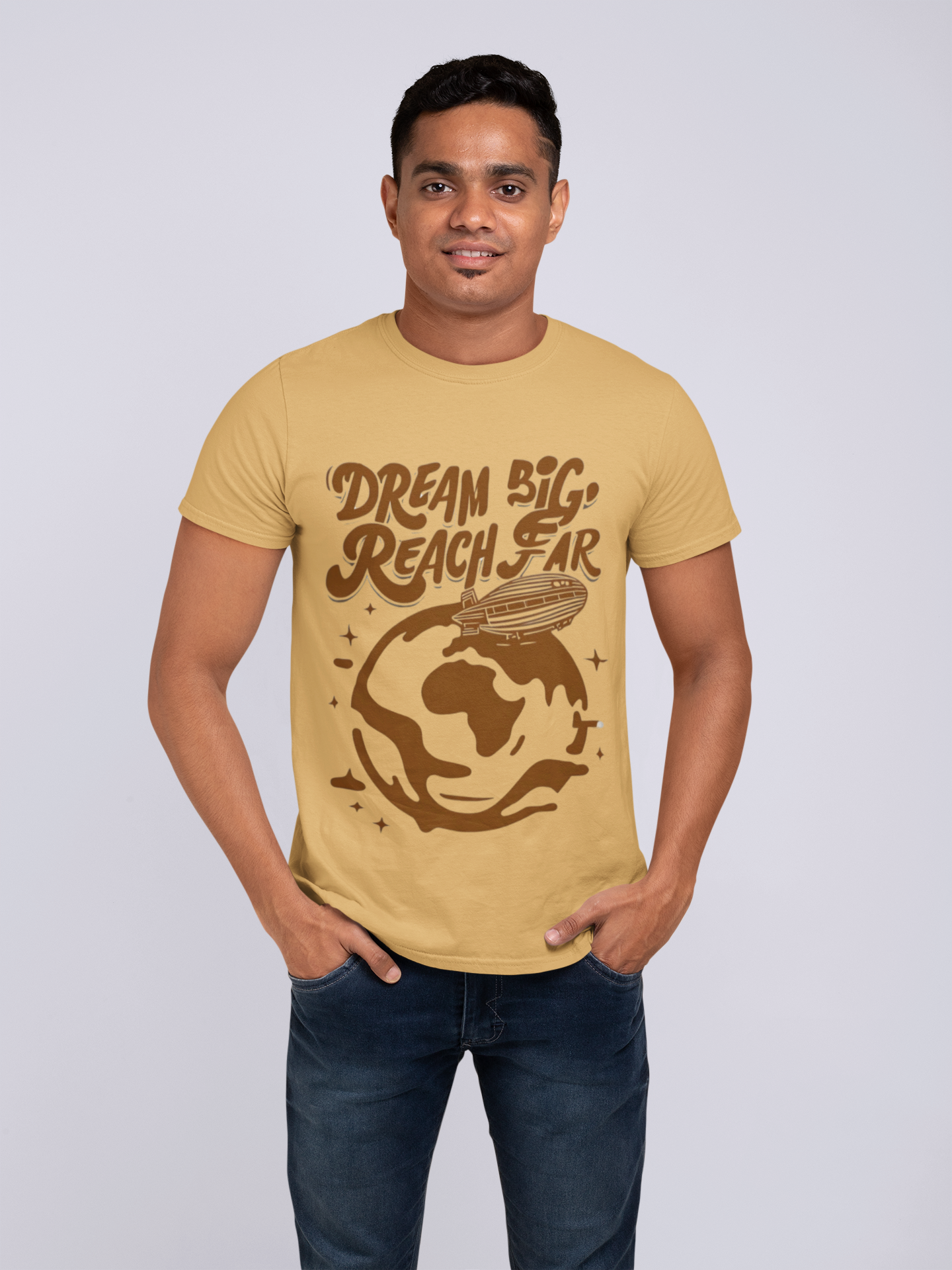Oversized White T-Shirt with “Dream Big, Reach Far” Graphic – Motivational Streetwear Tee for Men