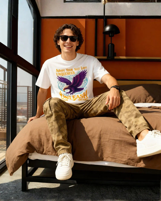 Oversized White T-Shirt with Bold Purple Eagle