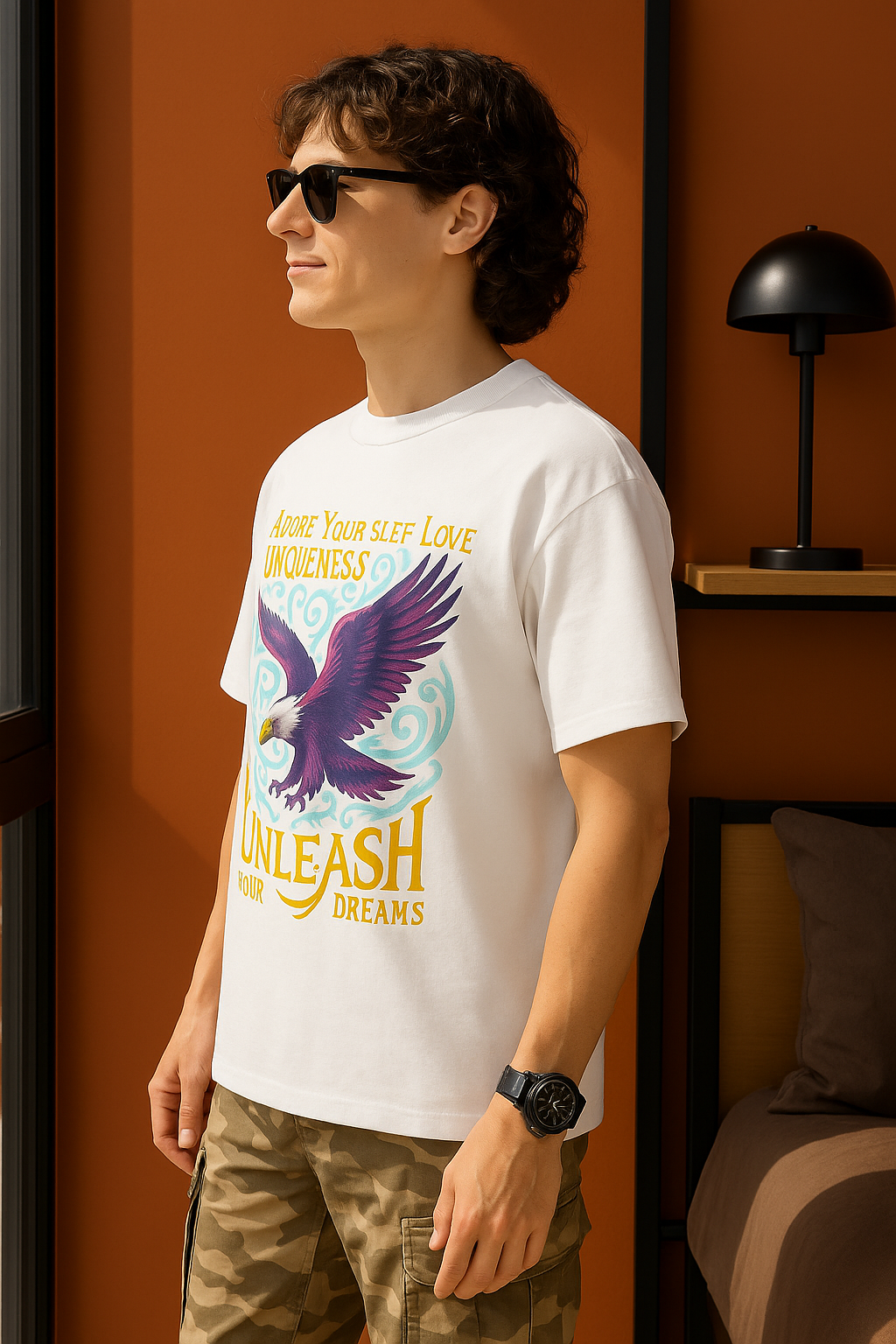 Oversized White T-Shirt with Bold Purple Eagle