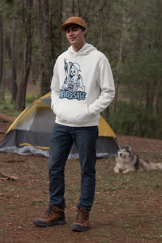 Never Safe Oversized White Hoodie – Bold Graphic Streetwear for Men