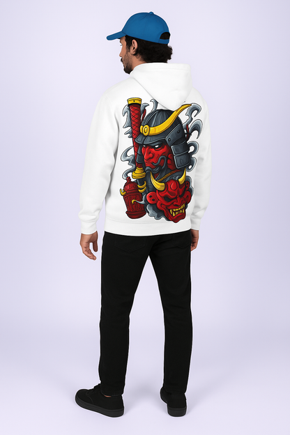Samurai Warrior Oversized Hoodie with Bold Japanese Oni Mask Back Print – Artistic Streetwear