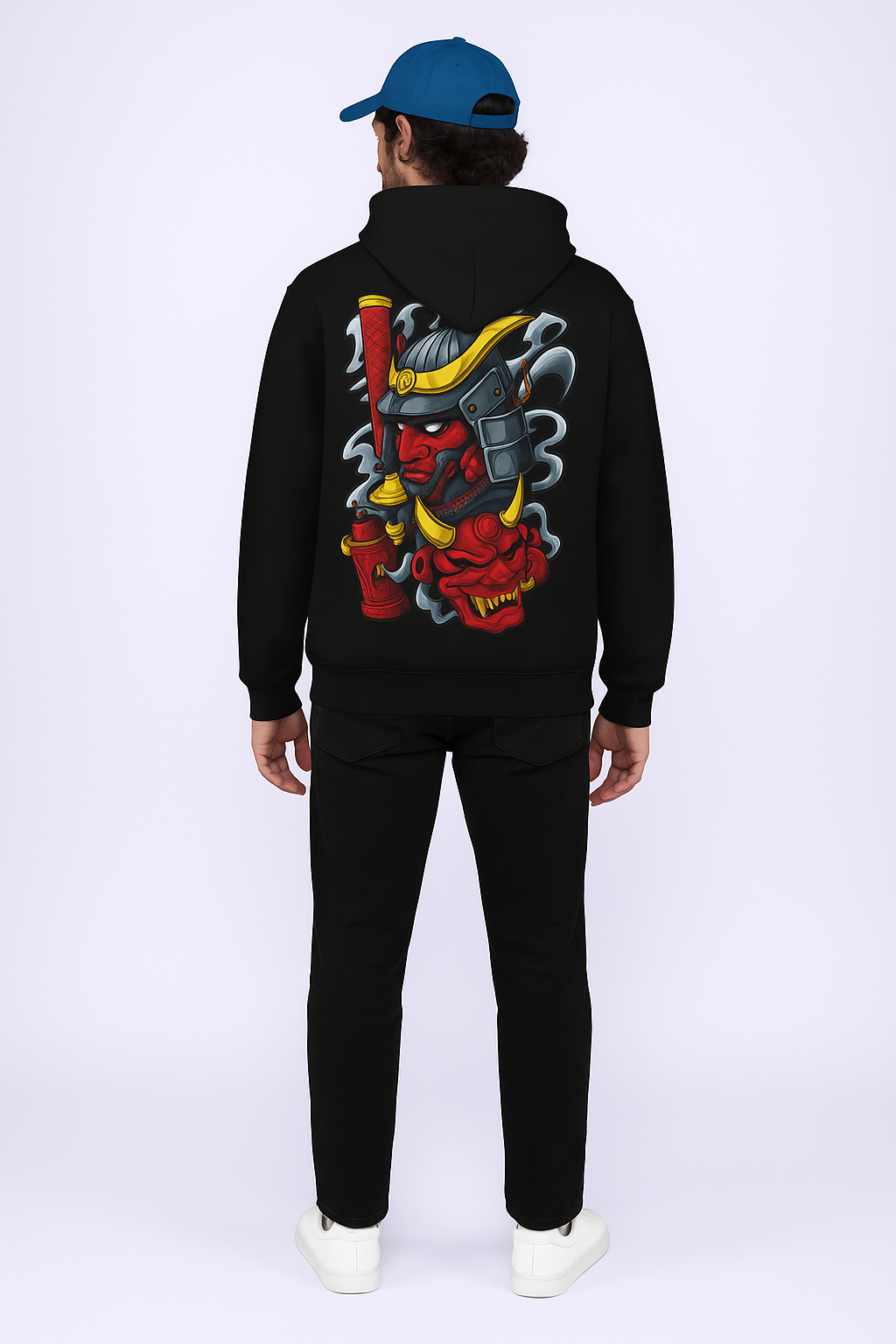 Samurai Warrior Oversized Hoodie with Bold Japanese Oni Mask Back Print – Artistic Streetwear