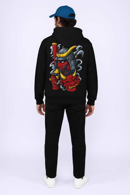 Samurai Warrior Oversized Hoodie with Bold Japanese Oni Mask Back Print – Artistic Streetwear