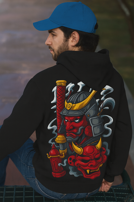 Samurai Warrior Oversized Hoodie with Bold Japanese Oni Mask Back Print – Artistic Streetwear