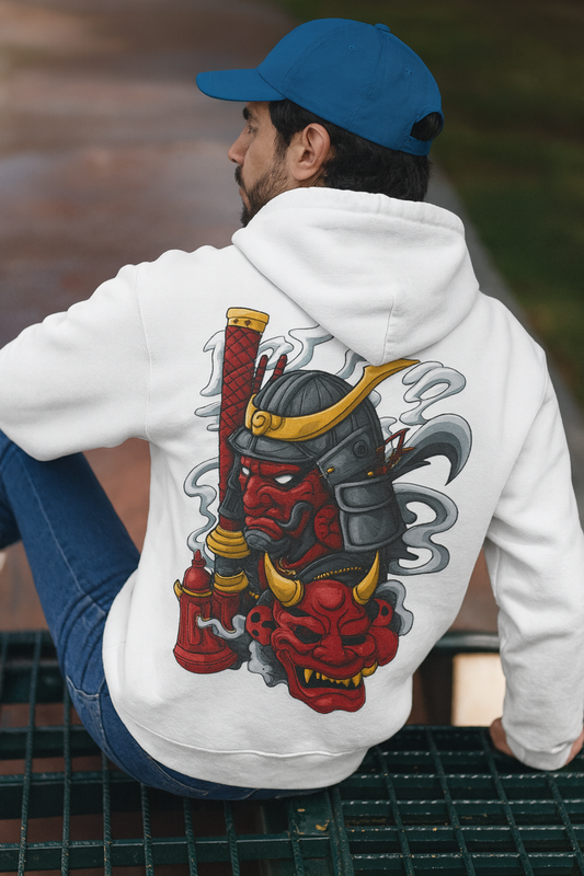 Samurai Warrior Oversized Hoodie with Bold Japanese Oni Mask Back Print – Artistic Streetwear