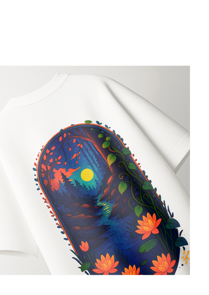 Oversized White T-Shirt with Vibrant Nature Sunset Graphic Tee
