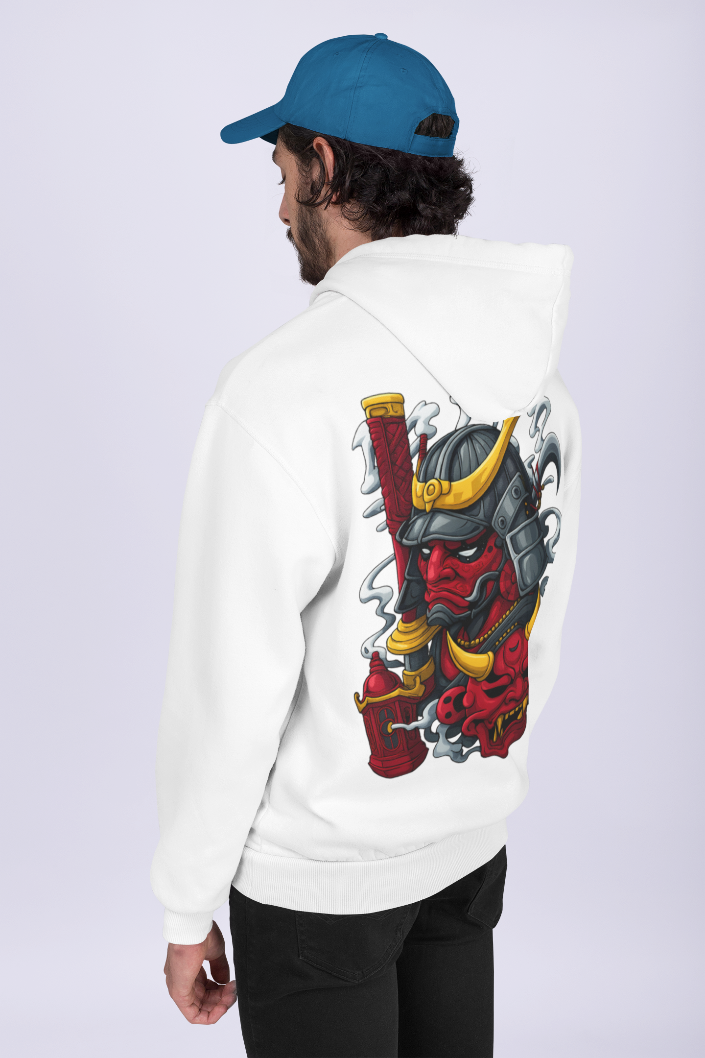 Samurai Warrior Oversized Hoodie with Bold Japanese Oni Mask Back Print – Artistic Streetwear