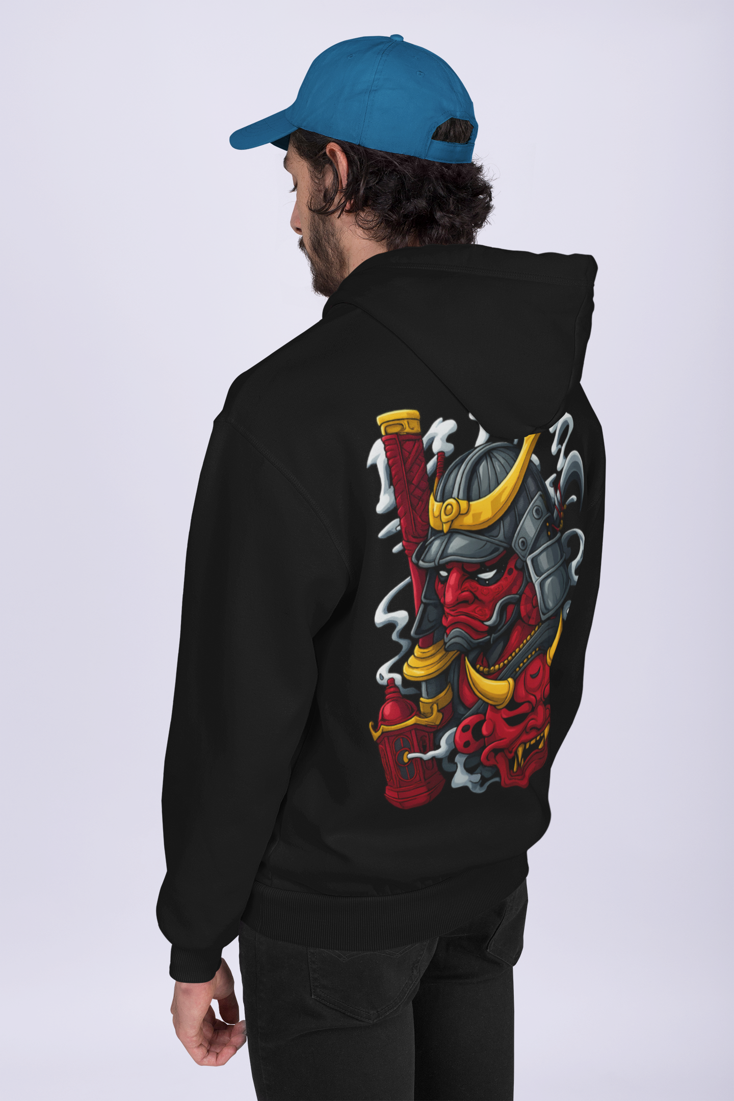 Samurai Warrior Oversized Hoodie with Bold Japanese Oni Mask Back Print – Artistic Streetwear