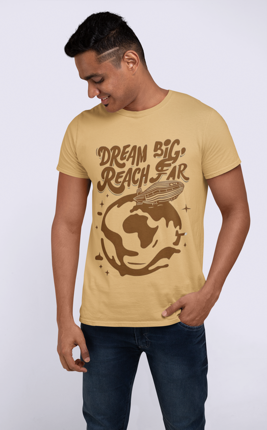 Oversized White T-Shirt with “Dream Big, Reach Far” Graphic – Motivational Streetwear Tee for Men
