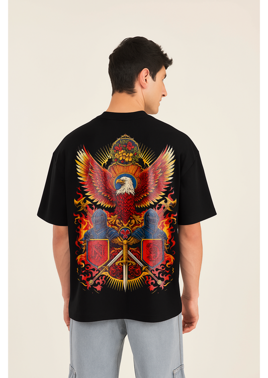 Oversized Black T-Shirt with Fierce Eagle & Knight Warrior Graphic – Bold Streetwear Tee for Men