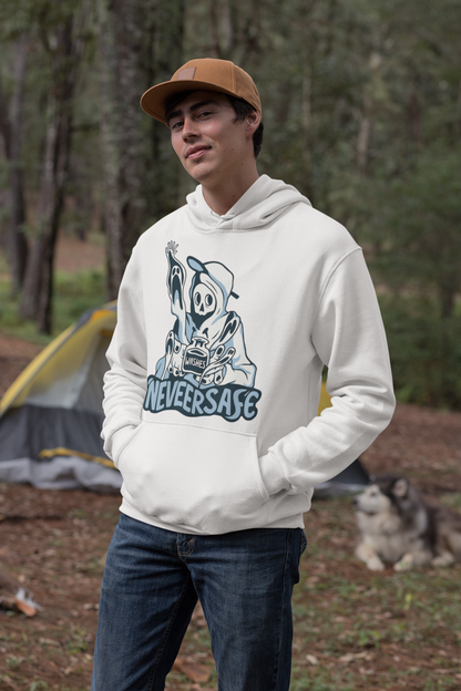 Never Safe Oversized White Hoodie – Bold Graphic Streetwear for Men