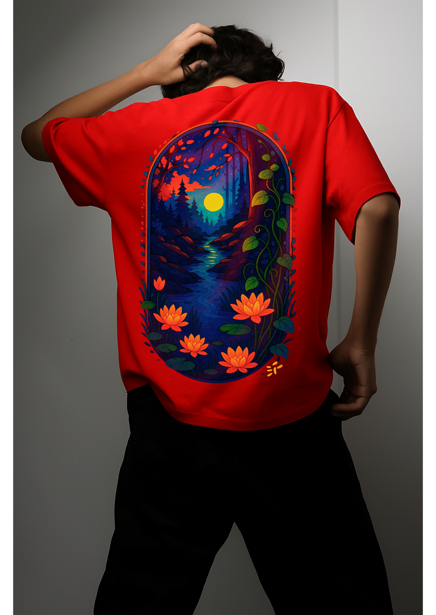 Oversized White T-Shirt with Vibrant Nature Sunset Graphic Tee