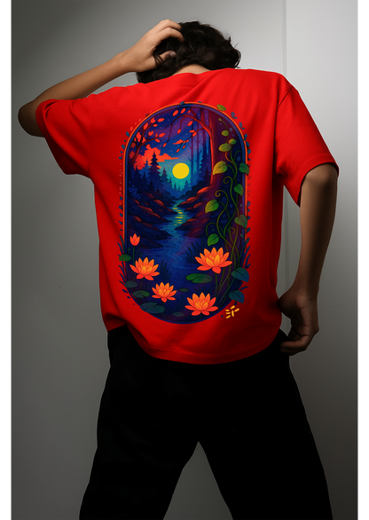 Oversized White T-Shirt with Vibrant Nature Sunset Graphic Tee