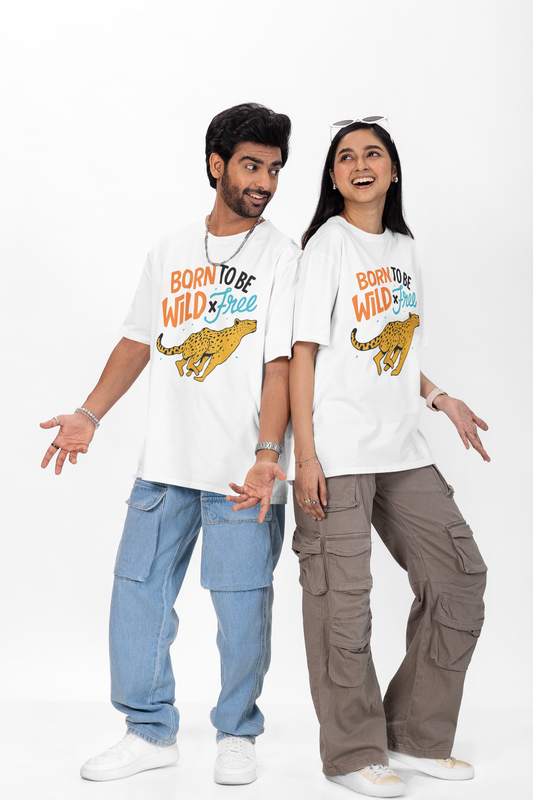 Oversized White T-Shirt with Cheetah Graphic – Born to Be Wild & Free Unisex Tee