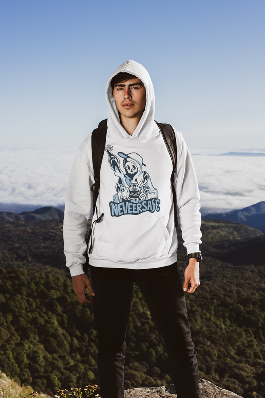 Never Safe Oversized White Hoodie – Bold Graphic Streetwear for Men
