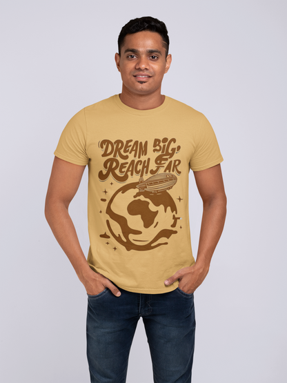 Oversized White T-Shirt with “Dream Big, Reach Far” Graphic – Motivational Streetwear Tee for Men