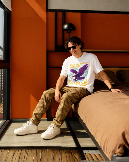 Oversized White T-Shirt with Bold Purple Eagle